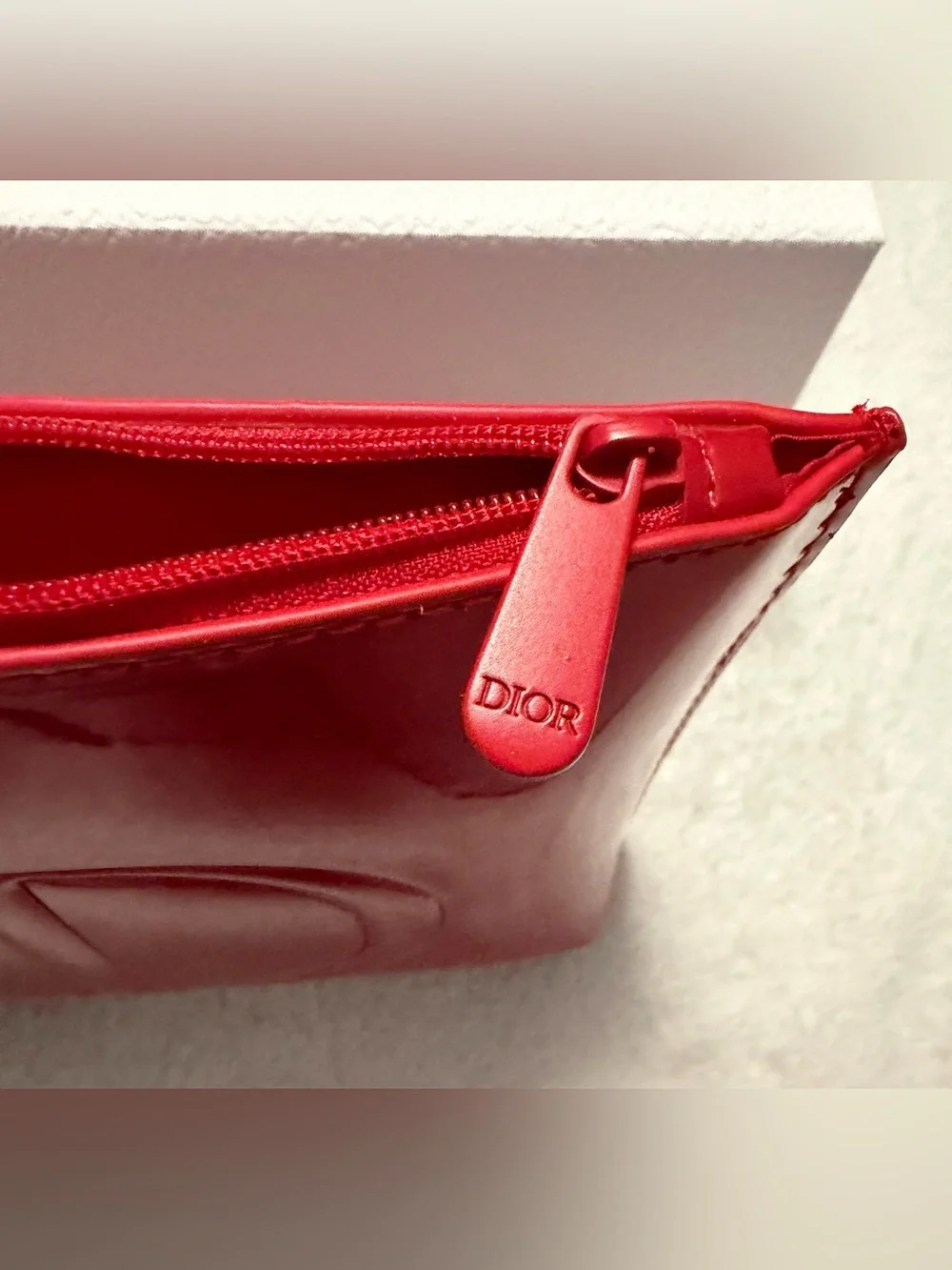 Dior Red Patent Cosmetic Pouch with Embossed CD Logo
